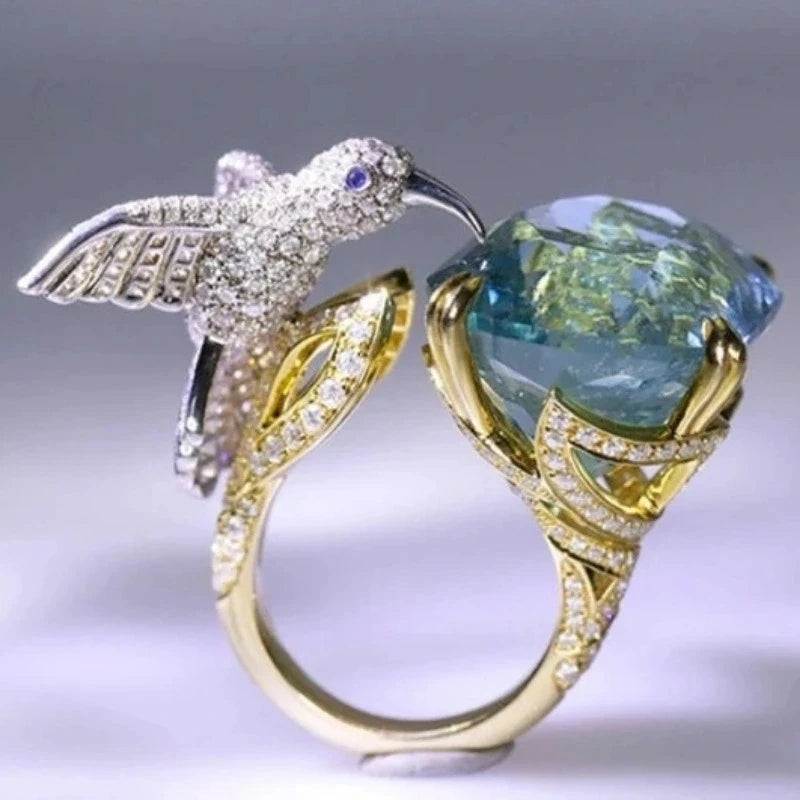 Adjustable Aquamarine-Color Hummingbird Ring – 14K Gold Plated 0