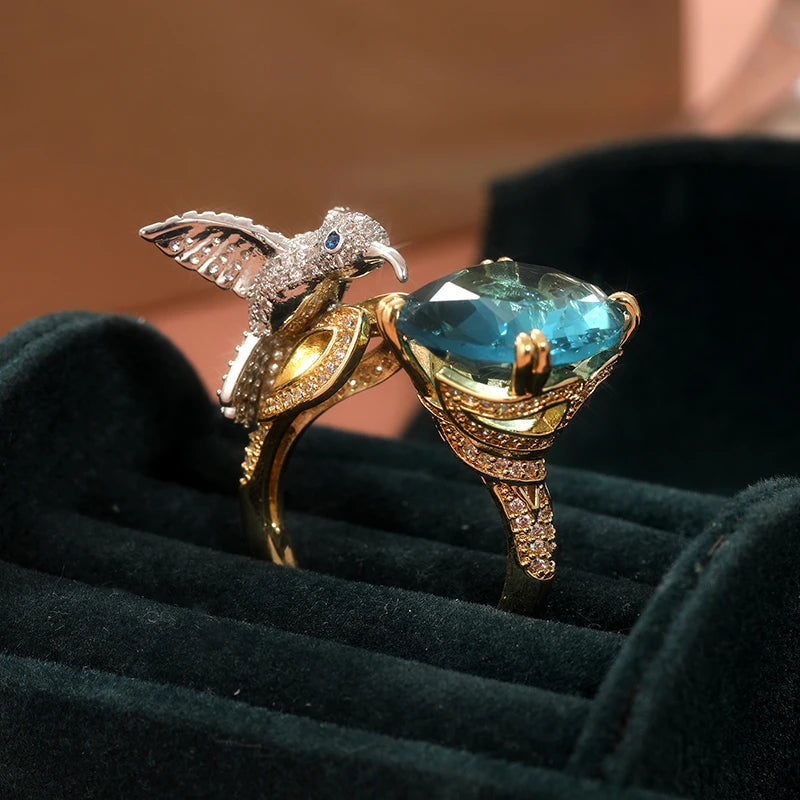 Adjustable Aquamarine-Color Hummingbird Ring – 14K Gold Plated 1