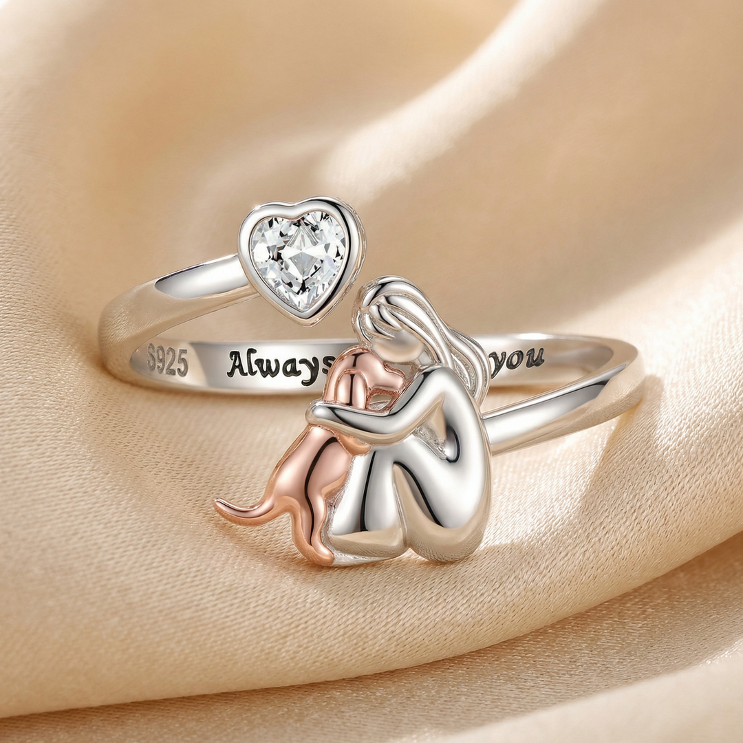 Adjustable Dog Ring in 925 Sterling Silver – “Always in My Heart” with Zirconia