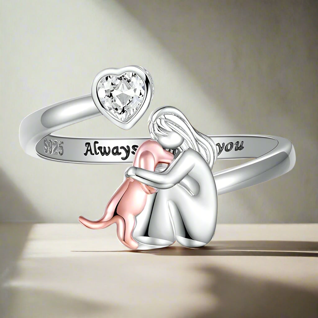 Adjustable Dog Ring in 925 Sterling Silver – “Always in My Heart” with Zirconia 0