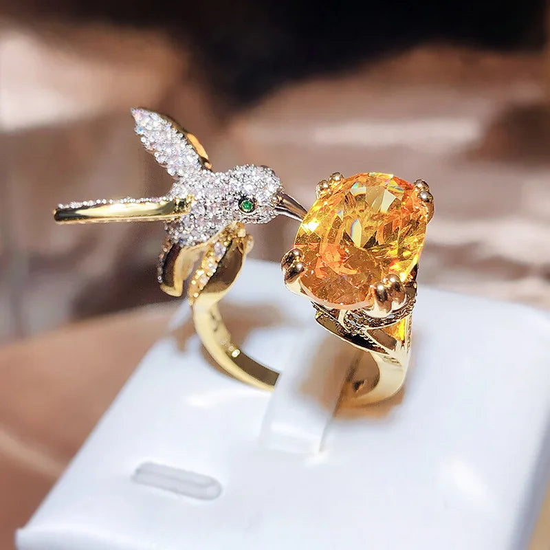 Adjustable Hummingbird Gemstone Ring – Zircon, 14K Gold Plated 1