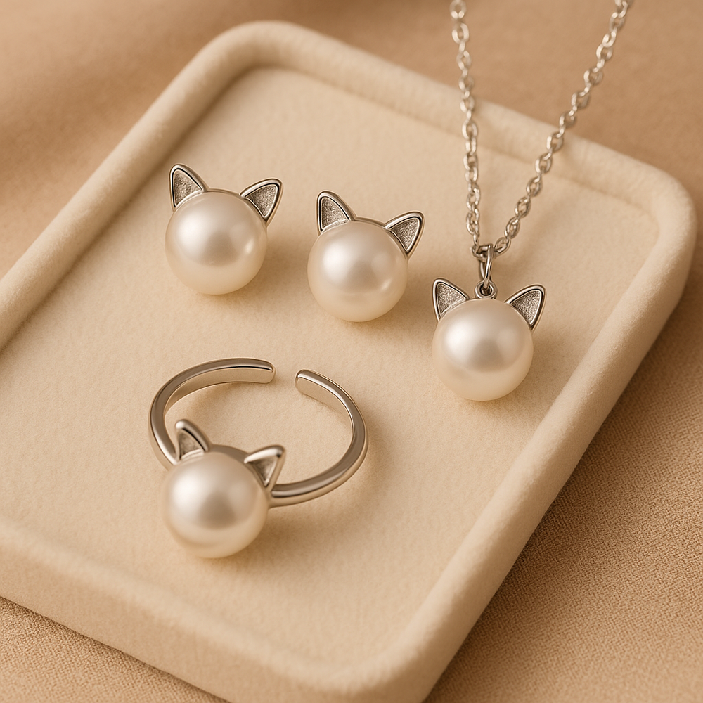 Beautiful Pearl Cat Necklace with Bonus Earrings + Ring 0