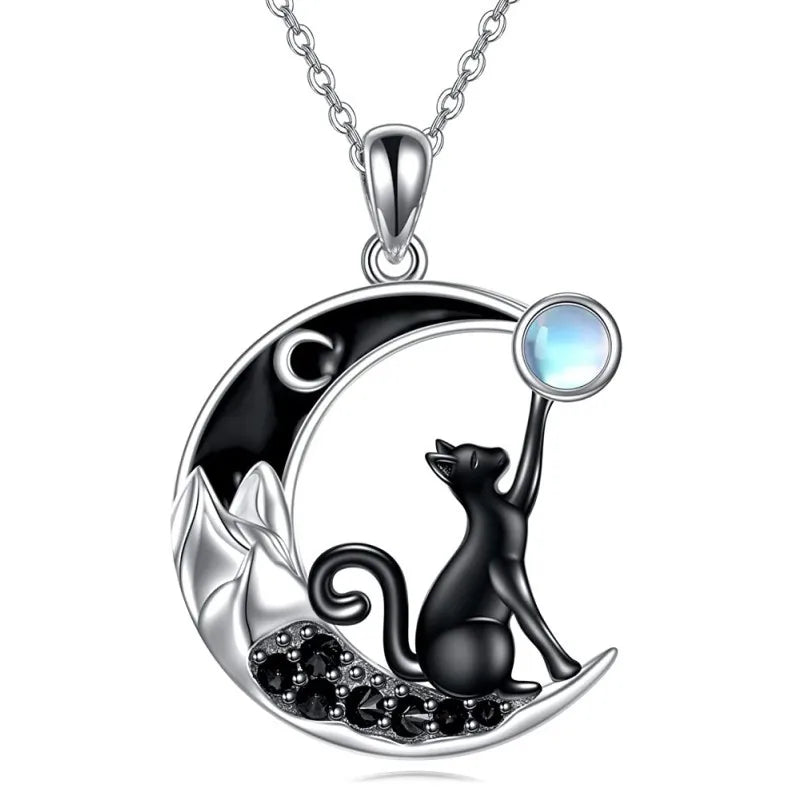 Black Cat Moon Crystal Pendant Necklace 1