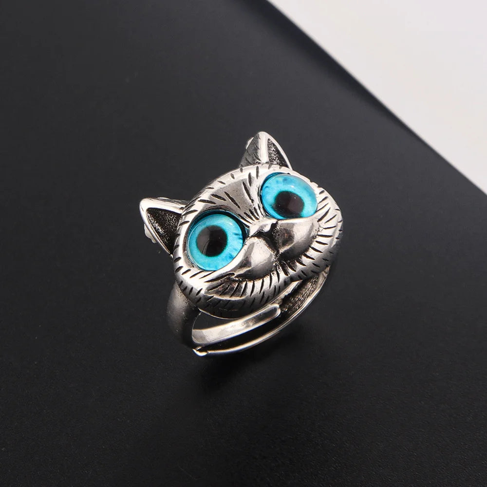Blue-Eyed Cat Ring – Playful Vintage Silver Animal Ring for Cat Lovers 0