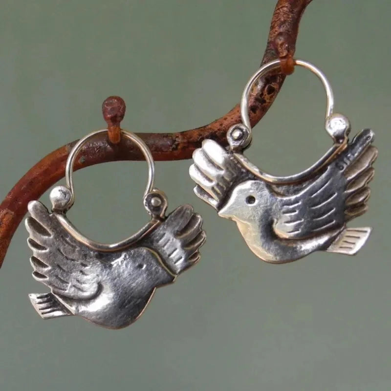Boho Bird-Inspired Dangle Earrings – Silver-Tone 0