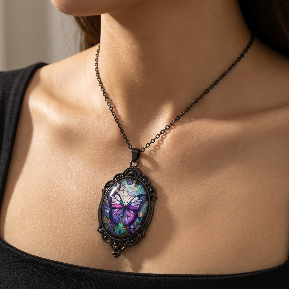 Butterfly Pendant Necklace with Purple Crystal