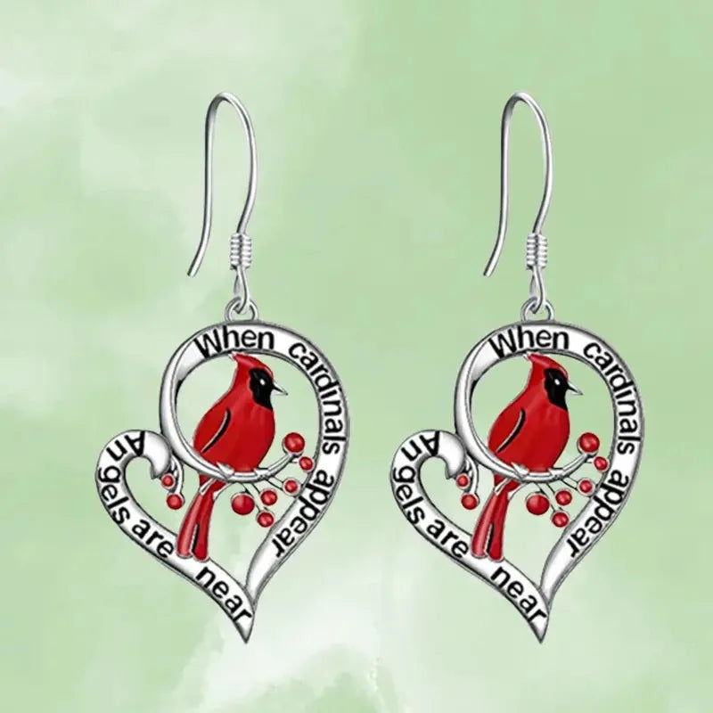 Cardinal Memorial Earrings – “When Cardinals Appear, Angels Are Near” Heart Drop Design 0