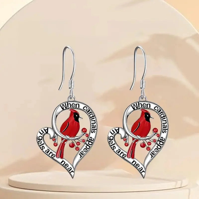 Cardinal Memorial Earrings – “When Cardinals Appear, Angels Are Near” Heart Drop Design 1