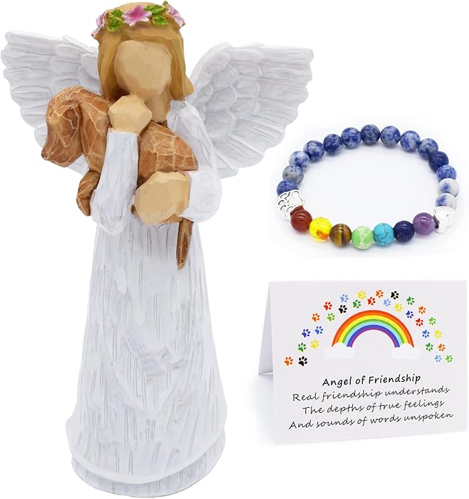 Dog Memorial Gift Set with Angel of Friendship Figurine & Rainbow Bridge Chakra Bracelet 0