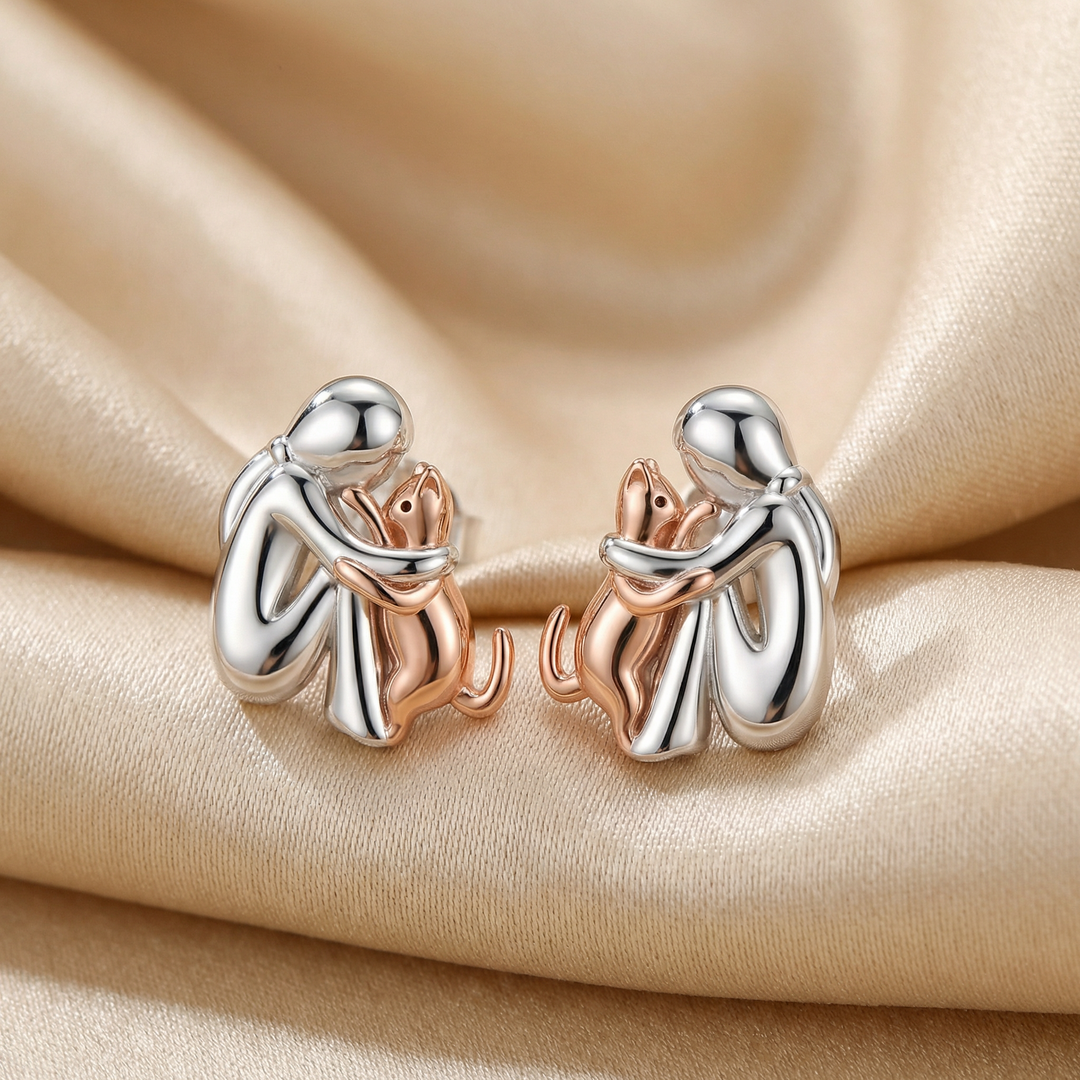 Forever in Your Heart" Cat Hug Rose Gold Stud Earrings