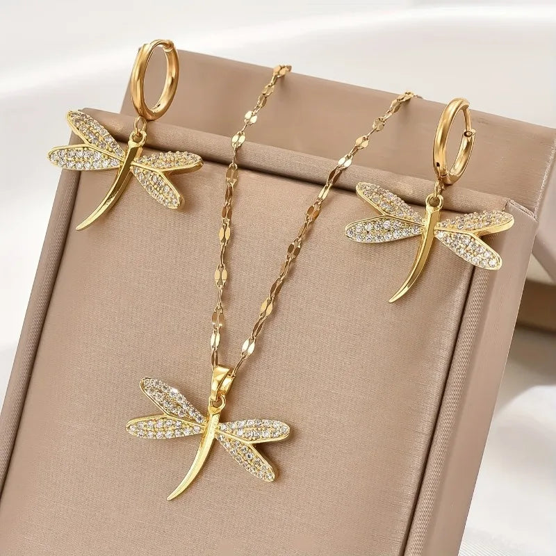 Gold Dragonfly Jewelry Necklace with Bonus Earrings 0