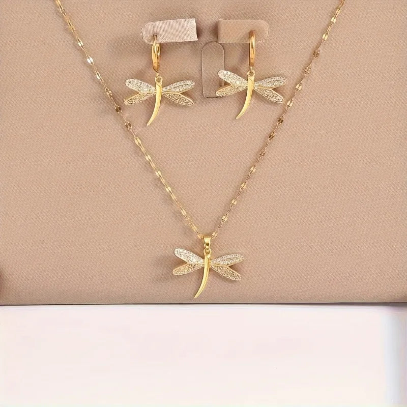 Gold Dragonfly Jewelry Necklace with Bonus Earrings 1