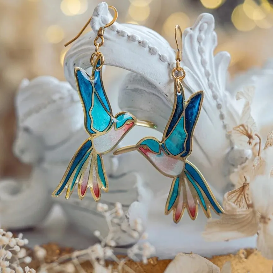 Graceful Hummingbird Blue Enamel Earrings 0