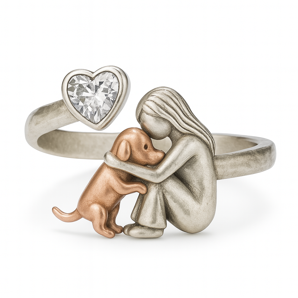 Handcrafted 925 Sterling Silver Dog Ring with Heart-Shaped Zirconia – Adjustable Fit 1