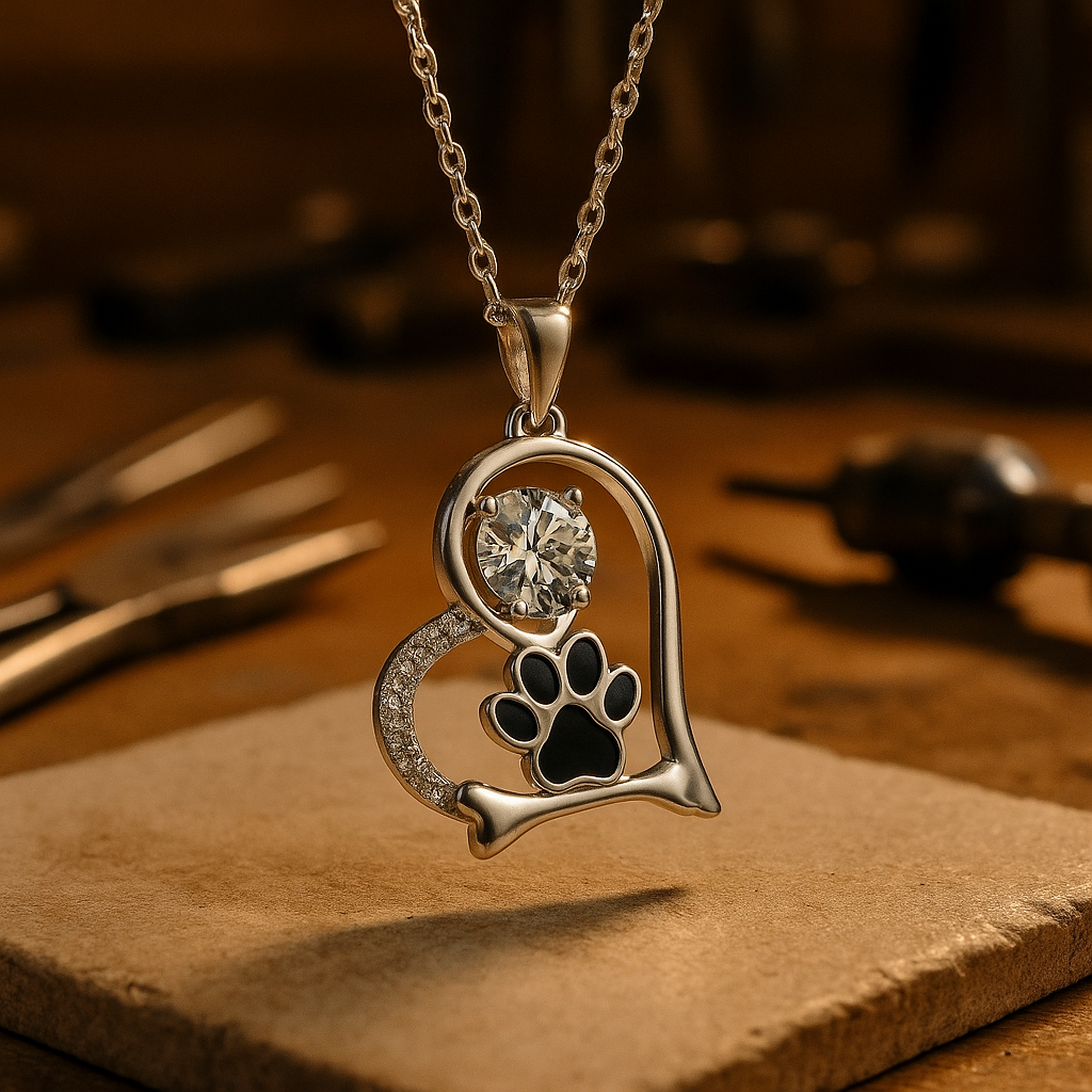 Handcrafted Dog Paw Print and Bone Necklace with Zirconia 0