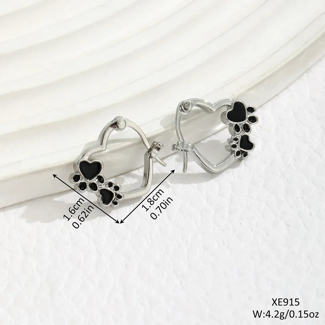 Heart Paw Huggie Earrings with Black Enamel 2