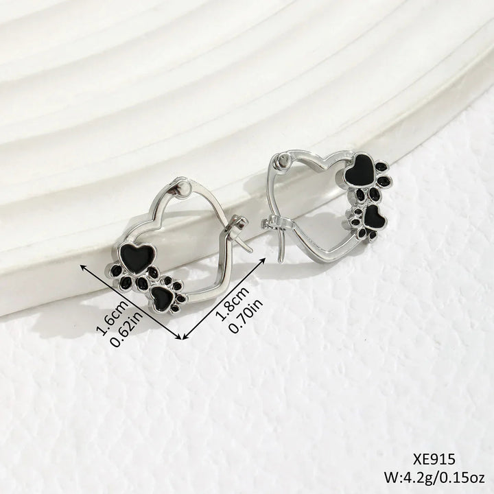 Heart Paw Huggie Earrings with Black Enamel 2