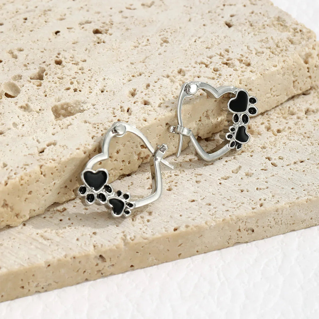 Heart Paw Huggie Earrings with Black Enamel 3