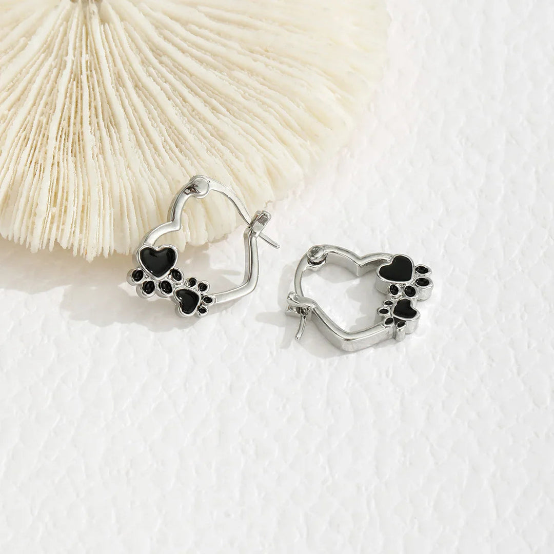Heart Paw Huggie Earrings with Black Enamel 4
