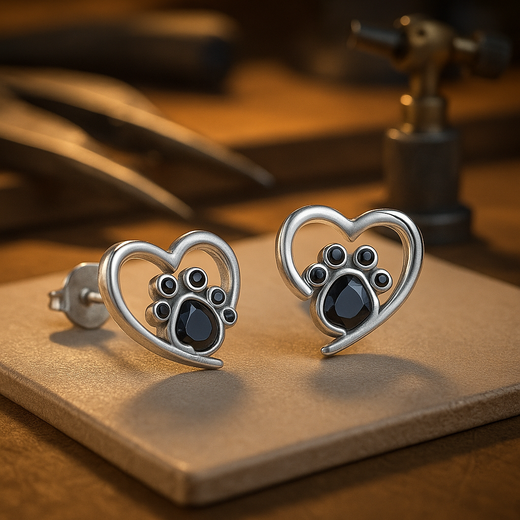 Heart Paw Stud Earrings – Silver with Black Enamel 0