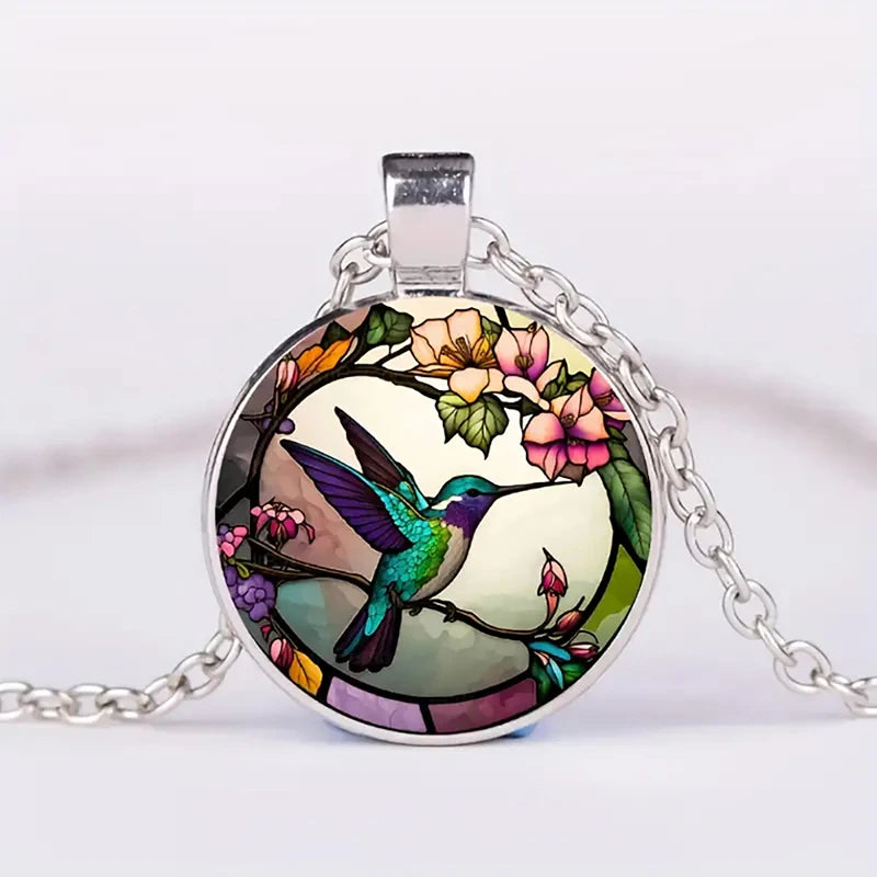 Hummingbird Glass Dome Pendant Necklace 0