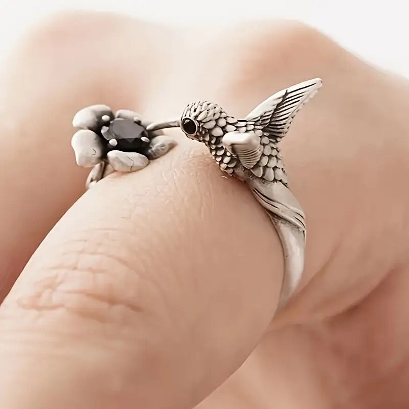 Hummingbird & Flower Ring – Adjustable Open Bird Ring for Women 0