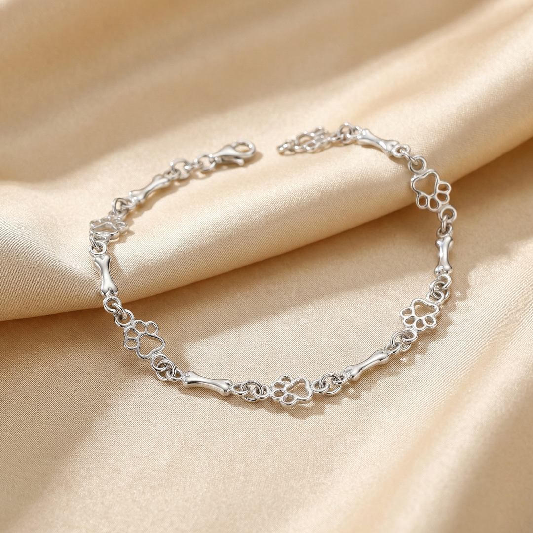 Limited Edition Pure Silver Dog Paw and Bone Charms Bracelet