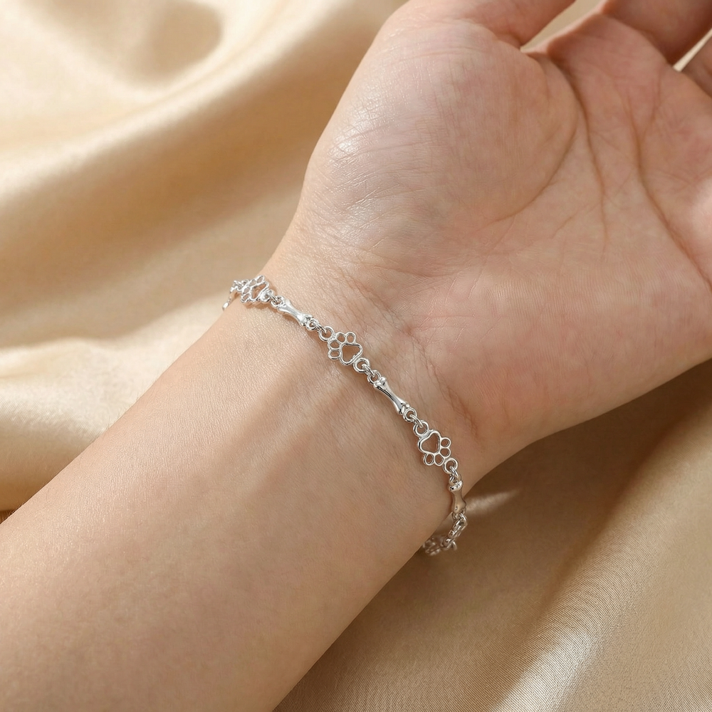 Limited Edition Pure Silver Dog Paw and Bone Charms Bracelet