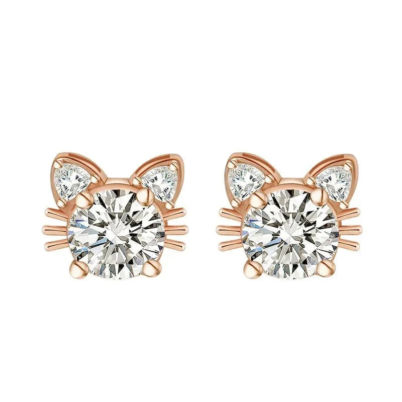 Moissanite Rose Gold Cat Stud Earrings in 925 Sterling Silver 0