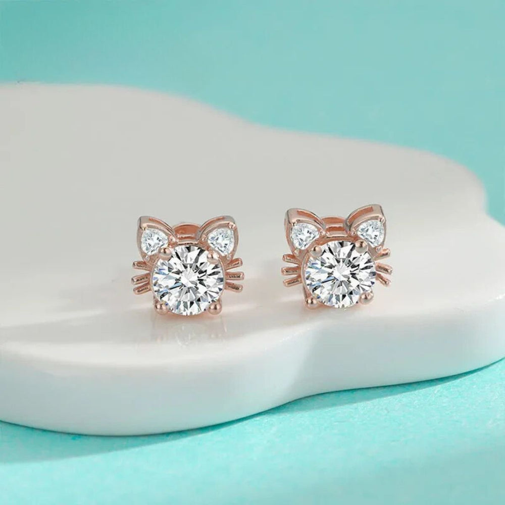 Moissanite Rose Gold Cat Stud Earrings in 925 Sterling Silver 1
