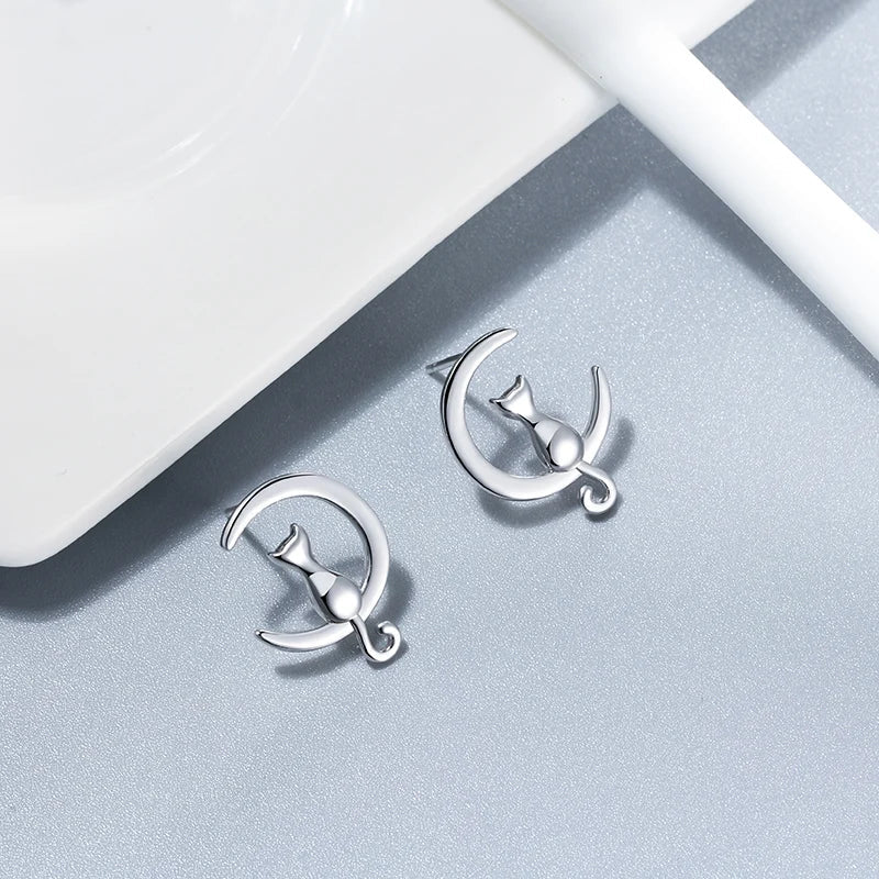 Moon & Cat Sterling Silver Stud Cat Earrings 0