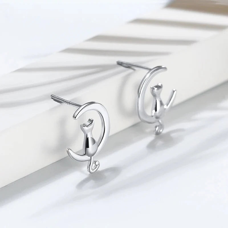 Moon & Cat Sterling Silver Stud Cat Earrings 1