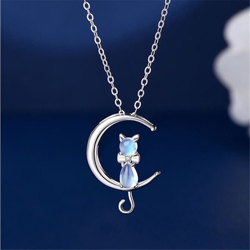 Moonstone Crescent and Cat Necklace 1
