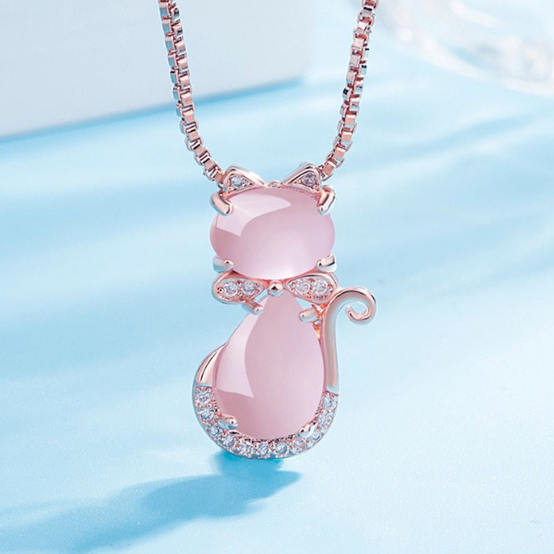 Pink stone lovely cat necklace with zircon 0