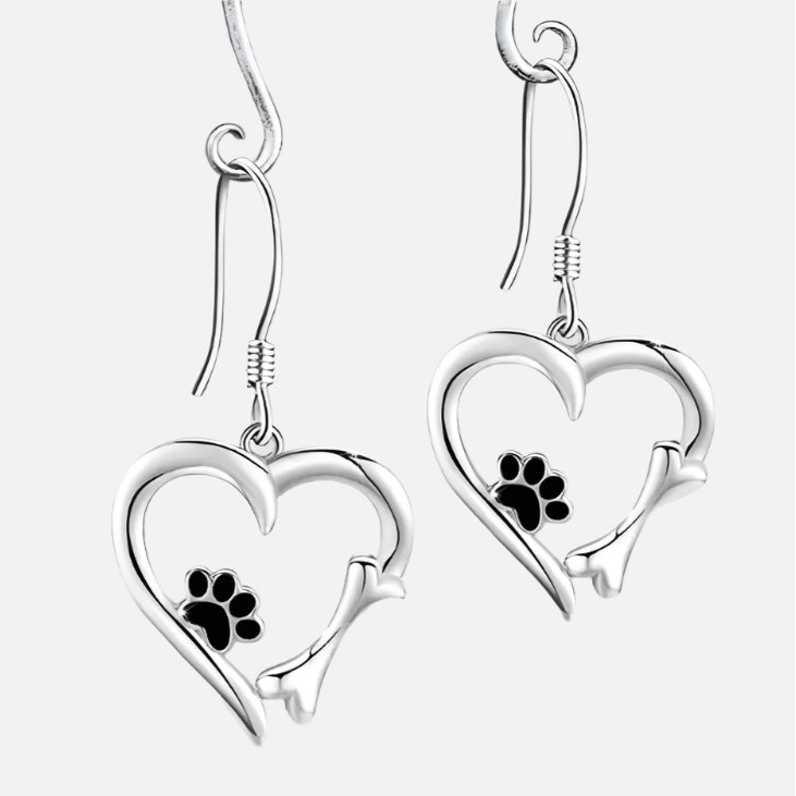 Silver Drop Earrings with Heart & Paw Design 0