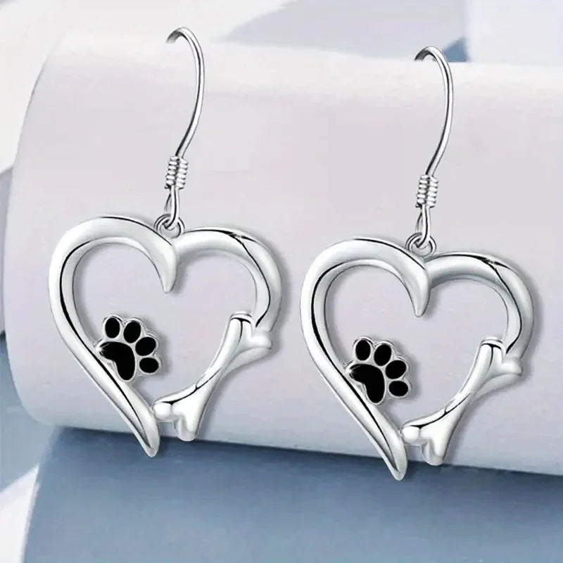 Silver Drop Earrings with Heart & Paw Design 1