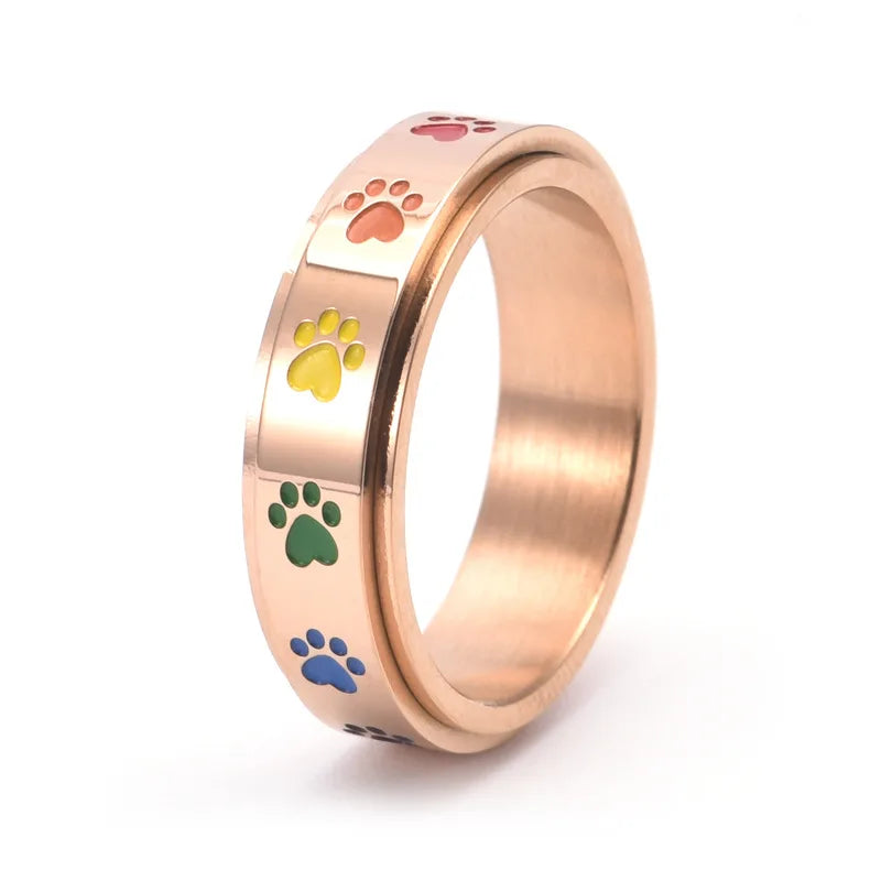 Spinning Stress Reducing Paw Ring – Stainless Steel with Rainbow Paws 0