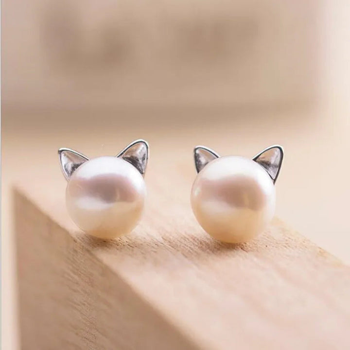 Sterling Silver Cat Pearl Stud Earrings 3