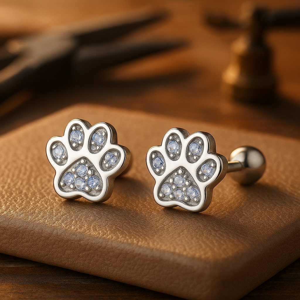 Sterling Silver Paw Print Stud Earrings – Crystal Accent 0