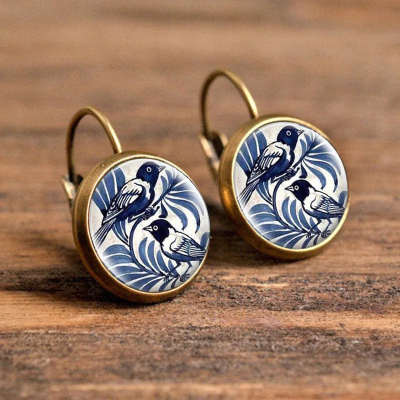 Vintage Blue Magpie Glass Dome Earrings 0