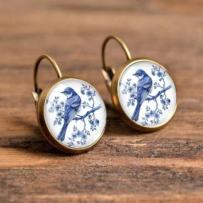 Vintage Blue Magpie Glass Dome Earrings 1