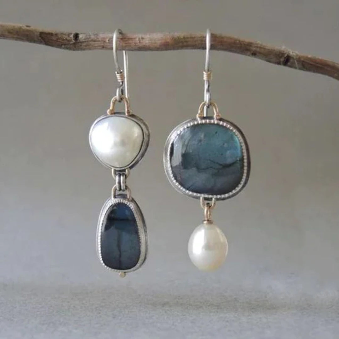 Vintage Blue Stone Pearl Earrings 0