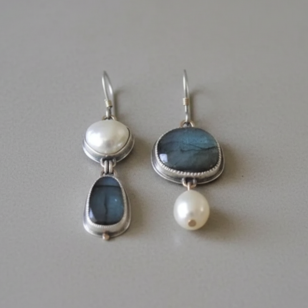 Vintage Blue Stone Pearl Earrings 1