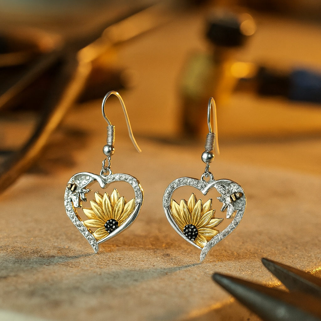 Vintage Boho Sunflower & Bee Heart Dangle Earrings 0