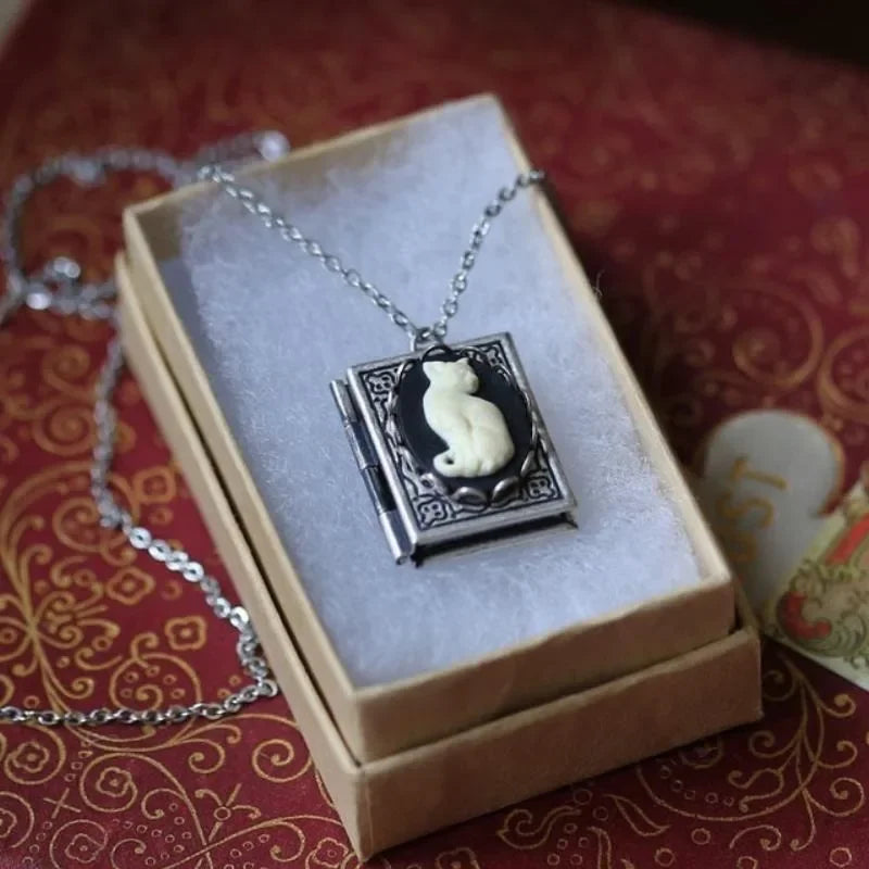 Vintage Cat Book Pendant Necklace – Rotating Page Design 1