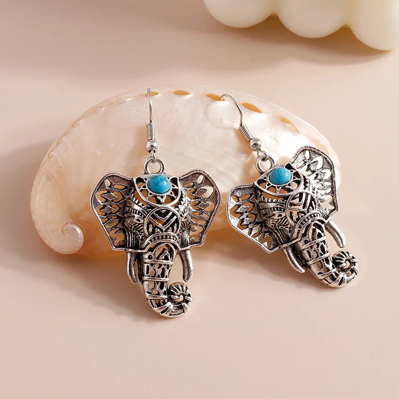 Vintage Elephant Drop Earrings Silver Bohemian 0