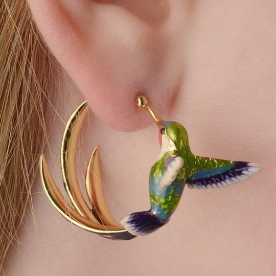 Vintage Enamel Hummingbird Hoop Earrings 0