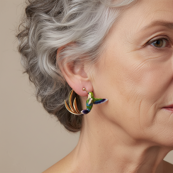 Vintage Enamel Hummingbird Hoop Earrings 1