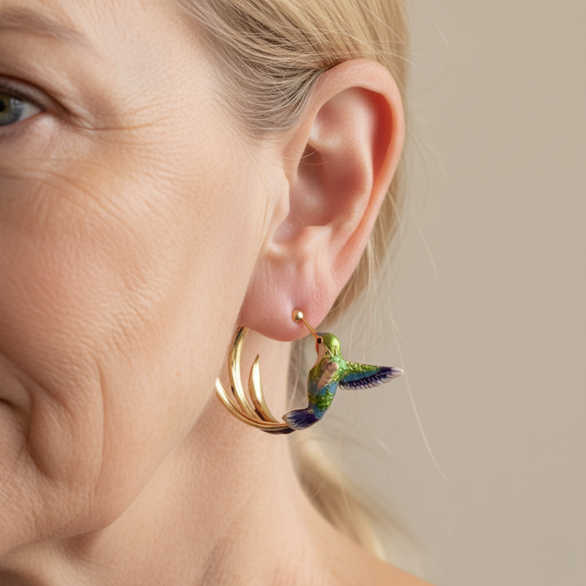 Vintage Enamel Hummingbird Hoop Earrings 2