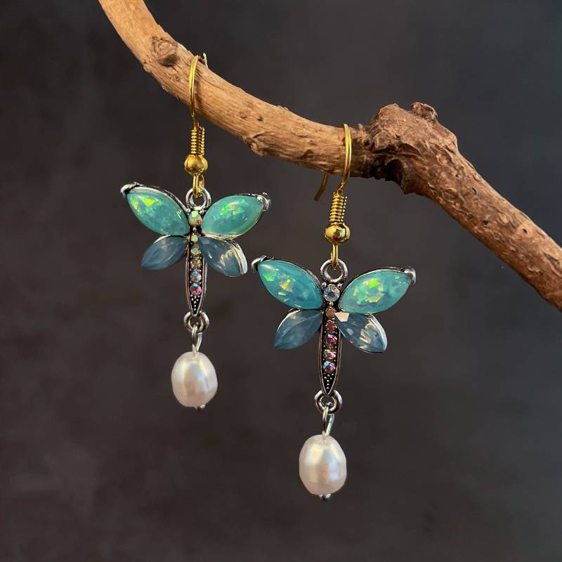 Vintage Green Opal Pearl Butterfly Earrings 0